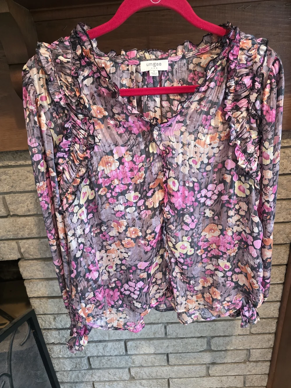 Umgee Sheer Floral Ruffle Blouse - Pink, Orange, Cream